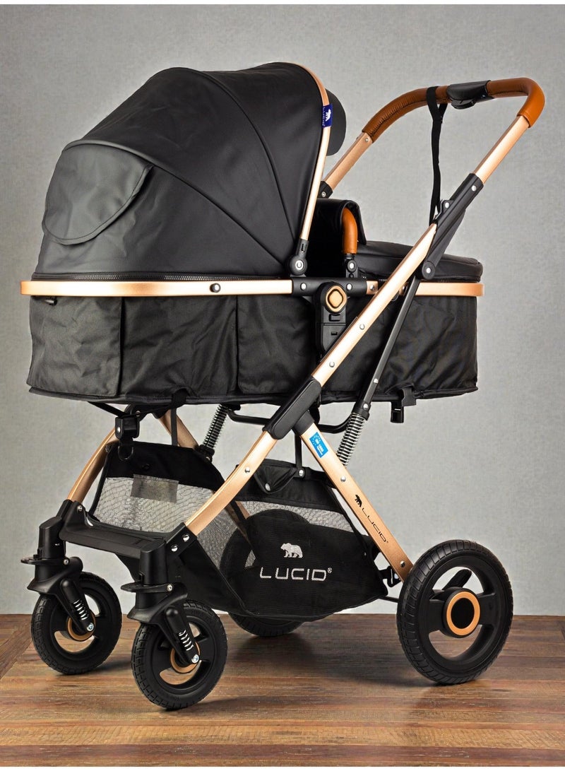 لوسيد عربة أطفال سينا، عربة أطفال فاخرة بمظلة وغطاء جلد من لوسيد بيبي- أسود - Image 2